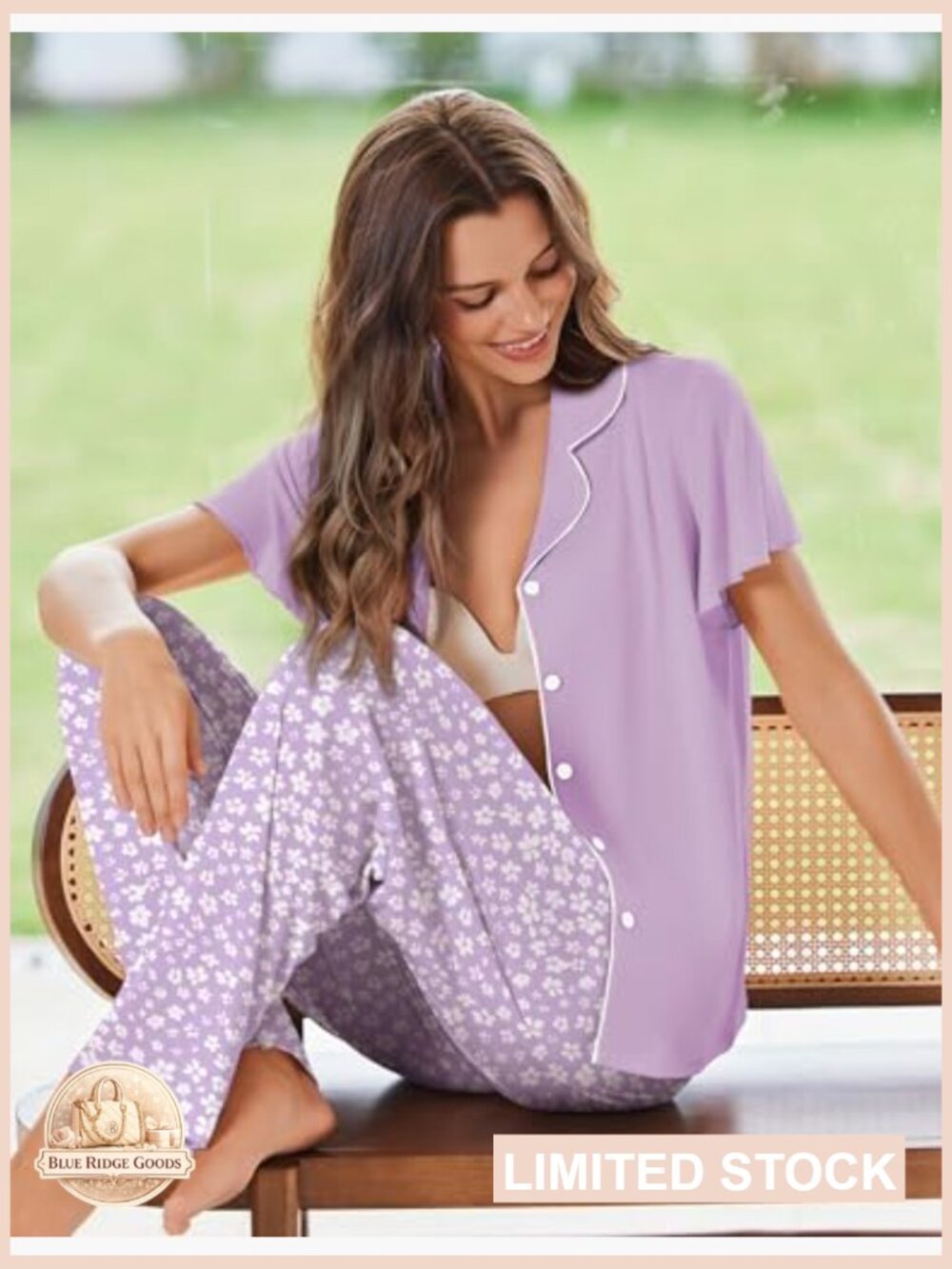 Button Up Pajama Set Ruffle Sleeve Notch Collar Loungewear Soft Stretch - Picture 6 of 7